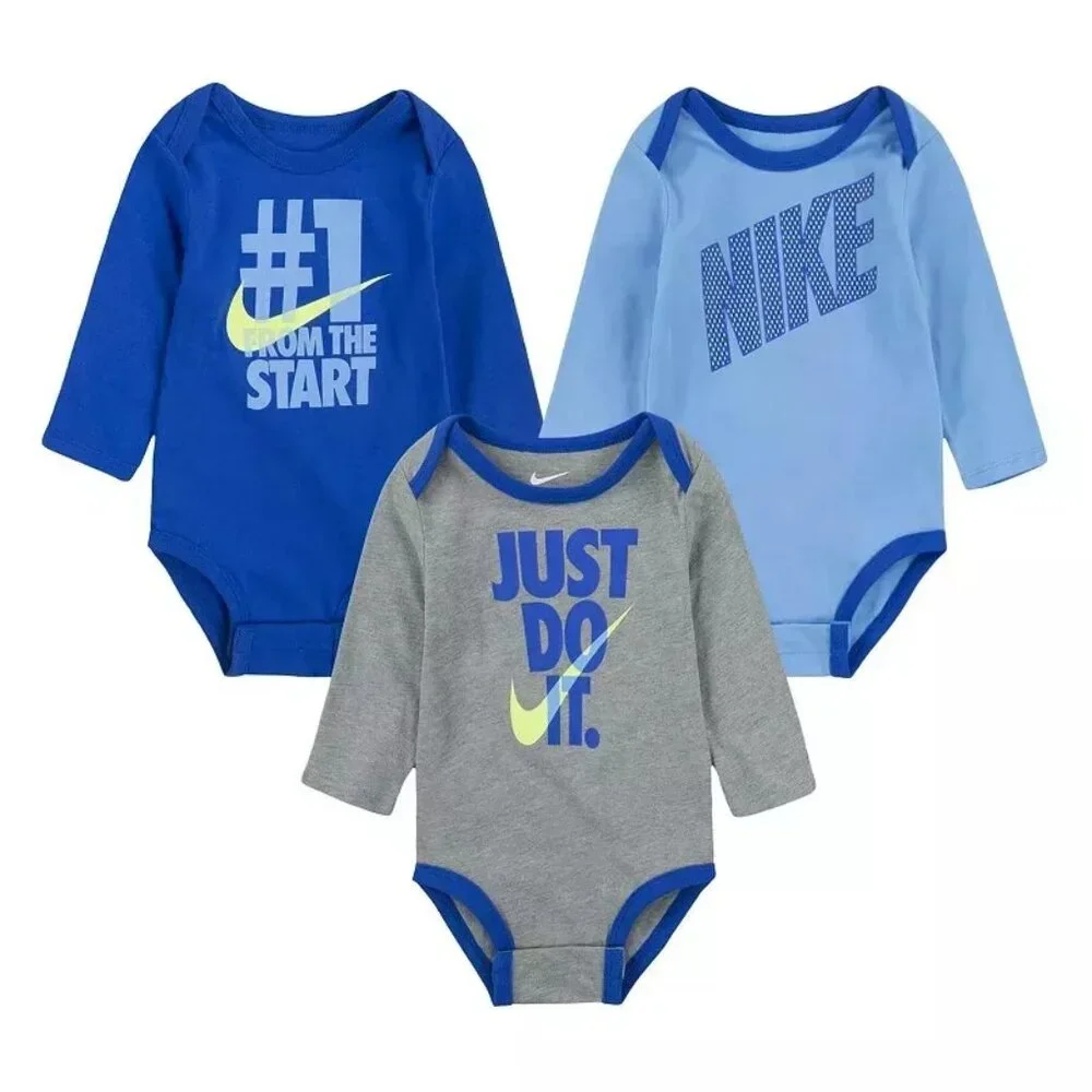 Nike Baby Boy's Long Sleeve Bodysuits Size 3-9 Months Blue/Multicolor 3-Pack Set